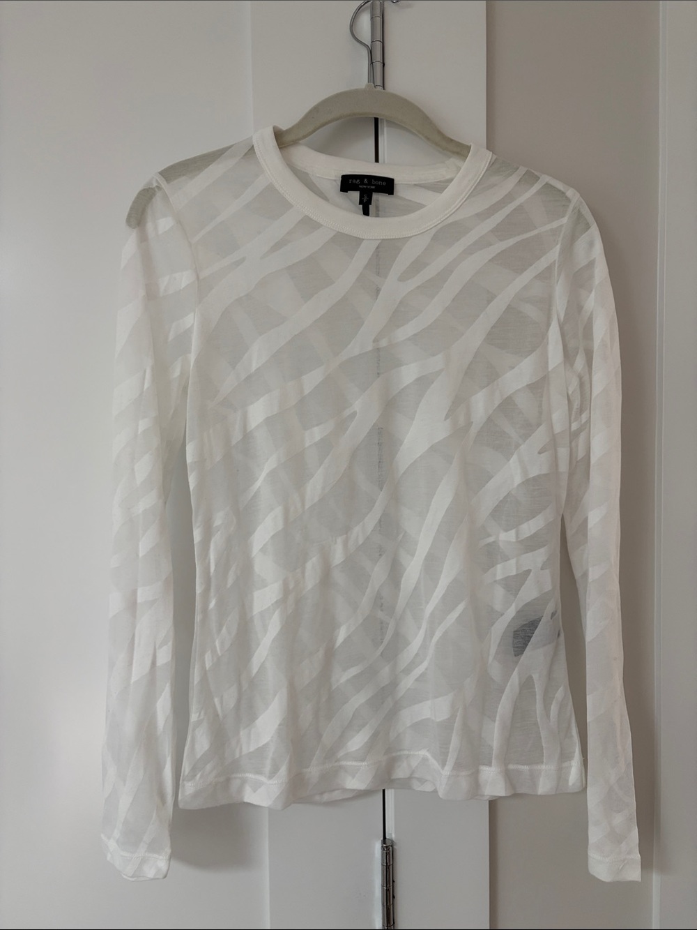 rag & bone White Sheer Zebra-Stripe Long Sleeve Top